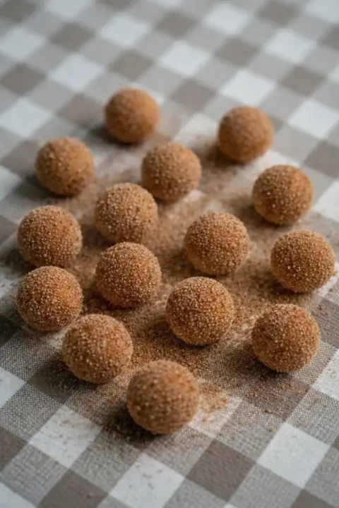 Cinnamon-sugar GrahamBalls arranged on a checkered table.