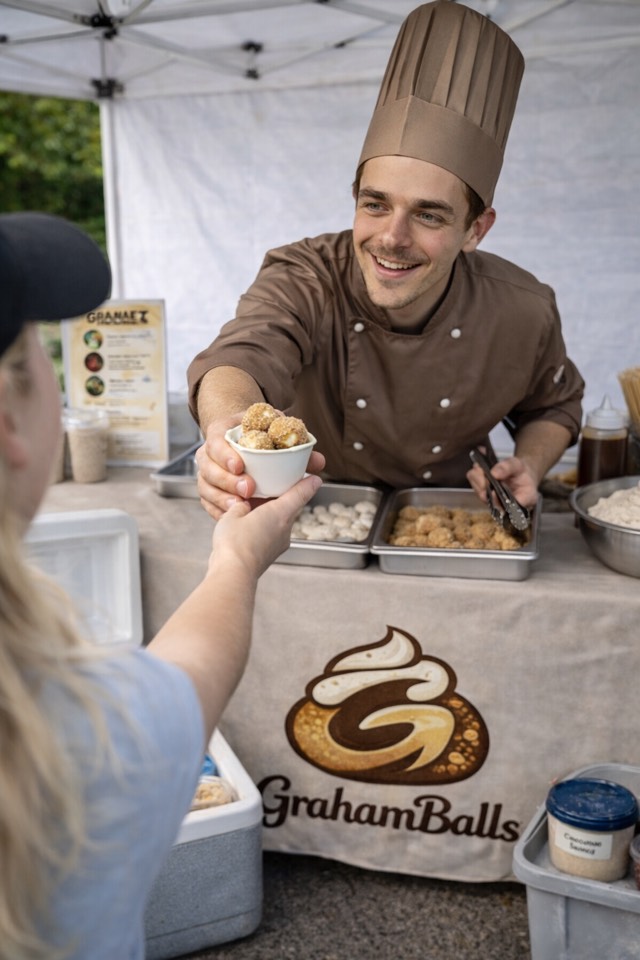 Vince serving GrahamBalls at a pop-up event.