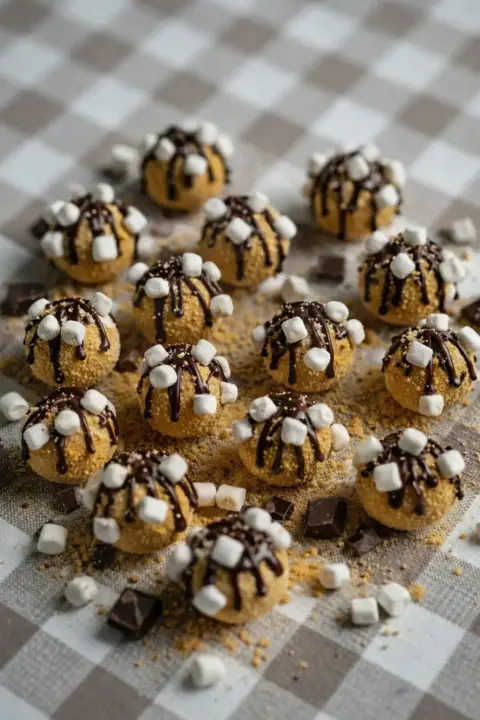 S'mores-style GrahamBalls topped with marshmallows and chocolate drizzle.