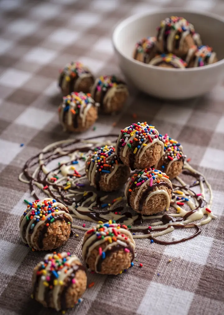 Carnival GrahamBalls with sprinkles and chocolate drizzle.